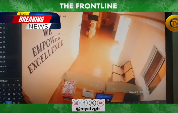 On April 25, a group of unidentified men firebombed Class Media Group's office, in the Labone district of Ghana’s capital Accra, and fled the scene. (Screenshot My C TV/YouTube)